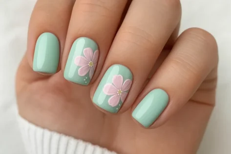 green nail with florral art
